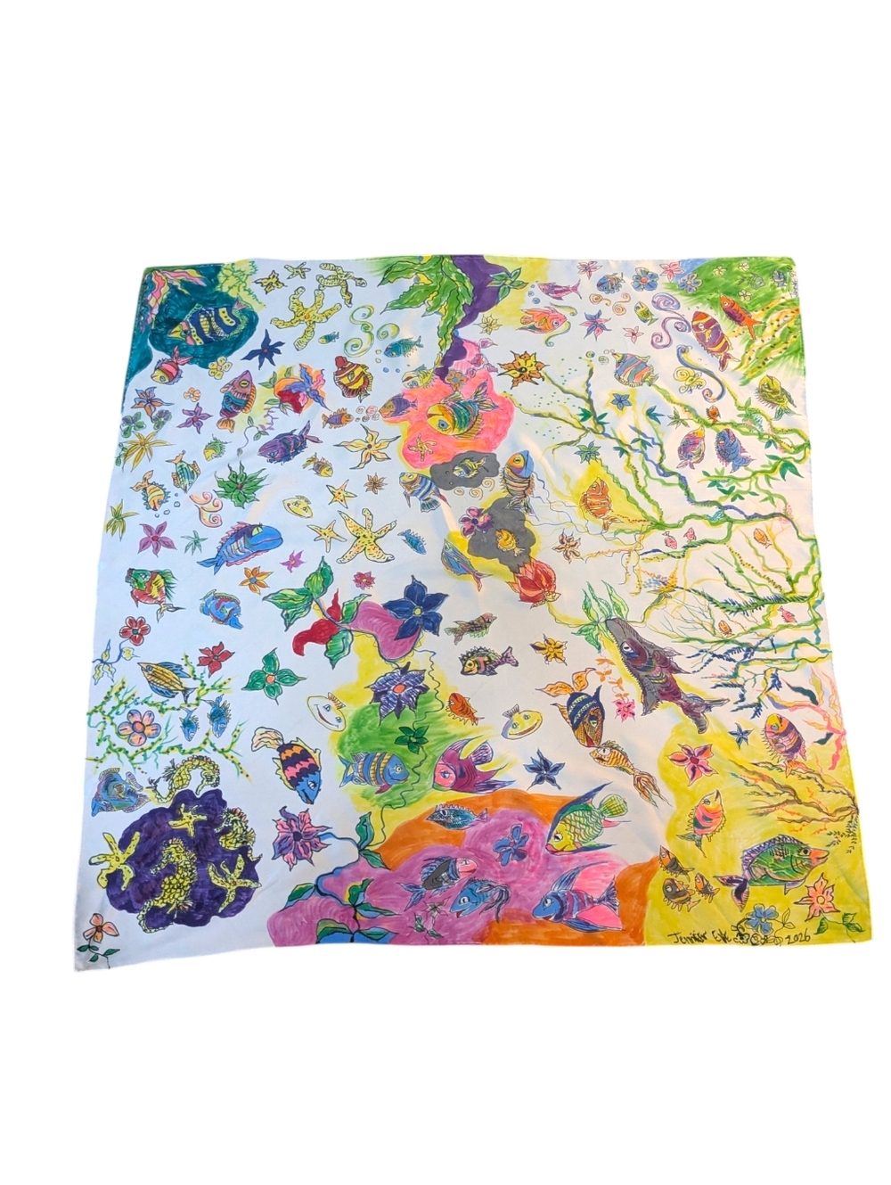 Hand painted signed silk/Satin scarf tropical fish one of akind Original Tropics